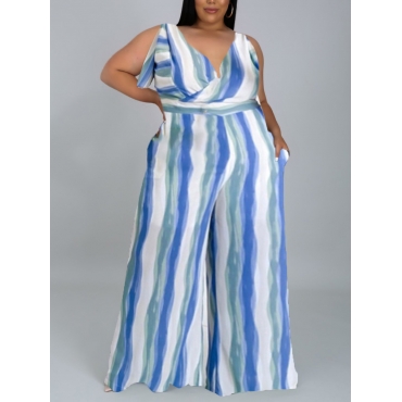

LW Plus Size Striped Split Loose Jumpsuit, Blue