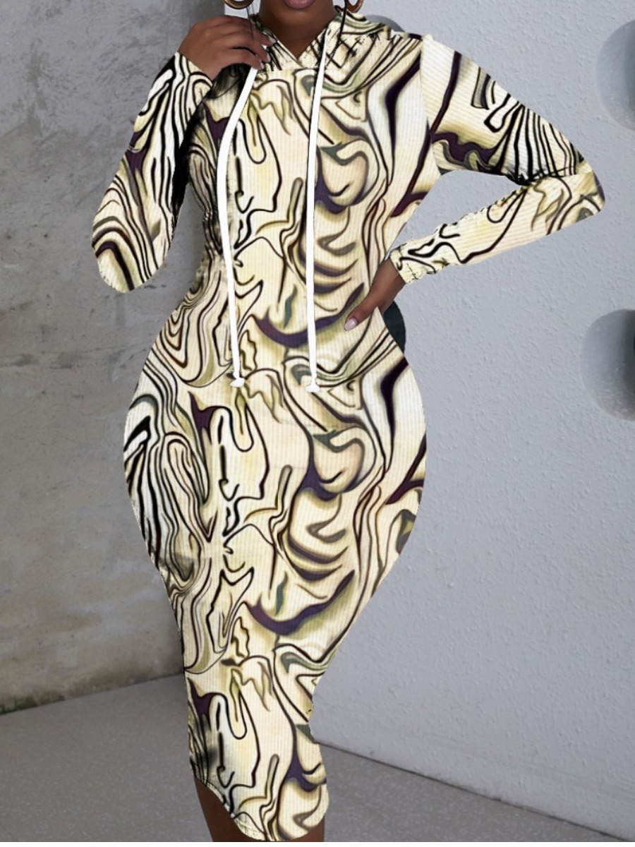 

LW Rib Knit Drawstring Mixed Print Dress, Black and white