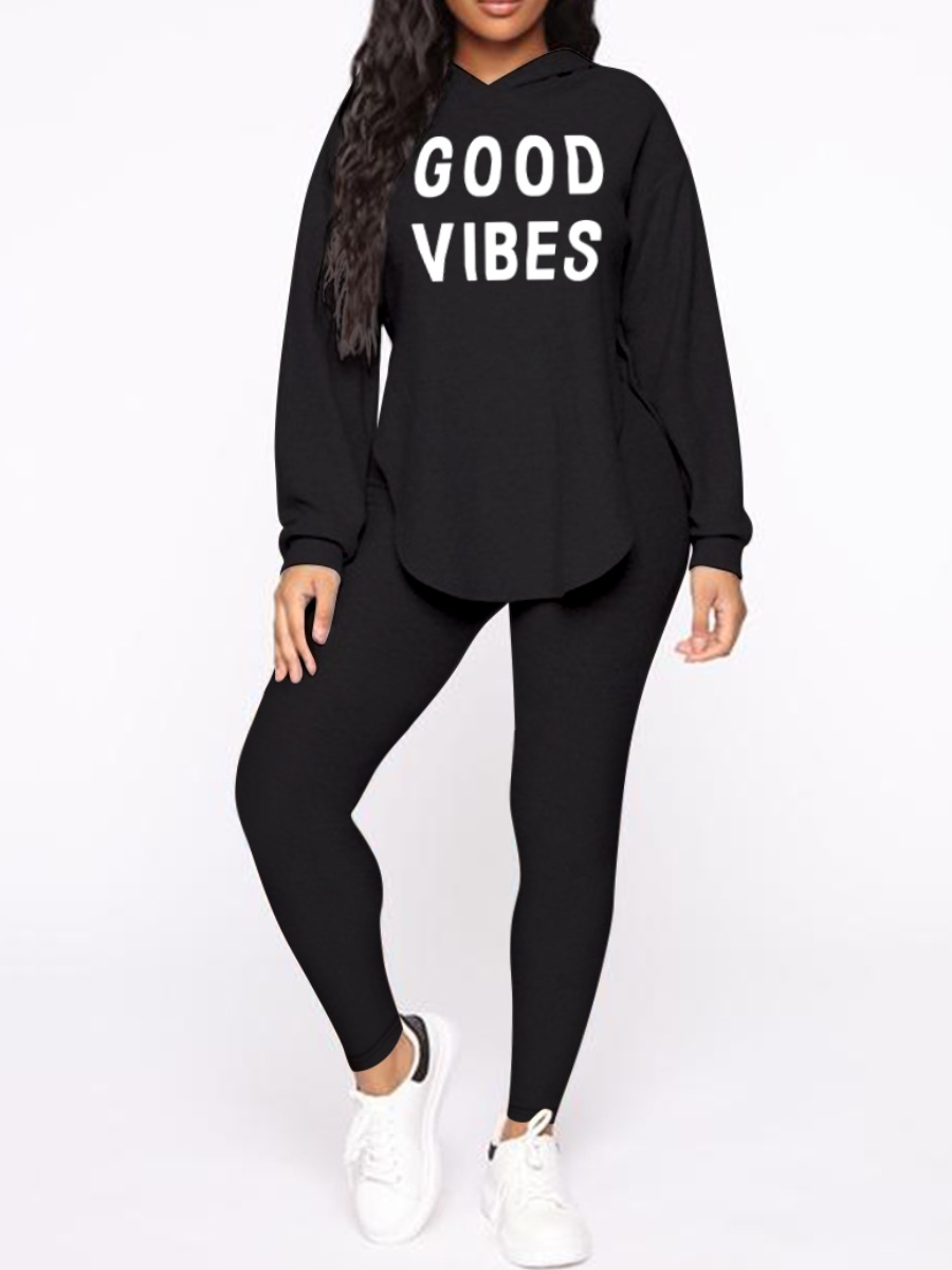 LW Good Vibes Letter Print Side Slit Pants Set