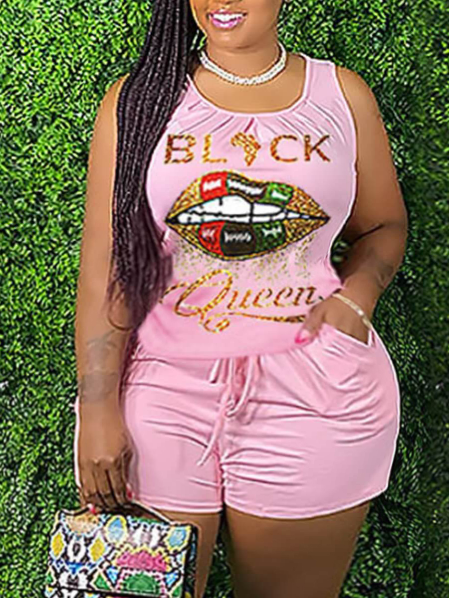LW Plus Size Pocket Letter Lip Print Drawstring Shorts Set