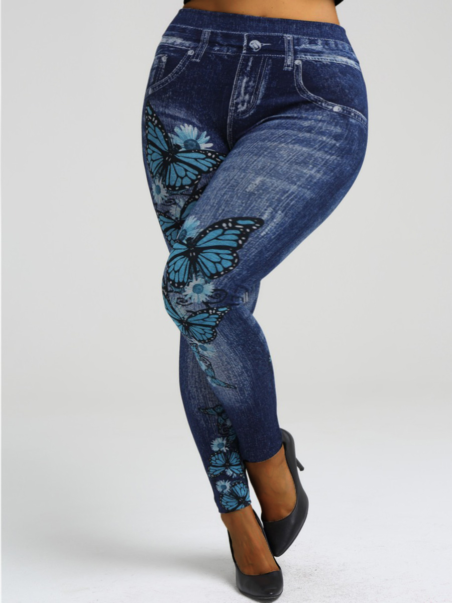LovelyWholesale Plus Size Butterfly Print Skinny Pants Spring|Fall Street  3X Spring Summer 2024