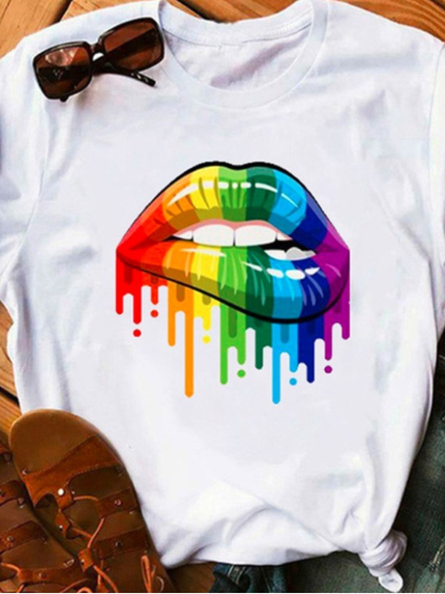 

LW Plus Size Leisure O Neck Lip Print White T-shirt