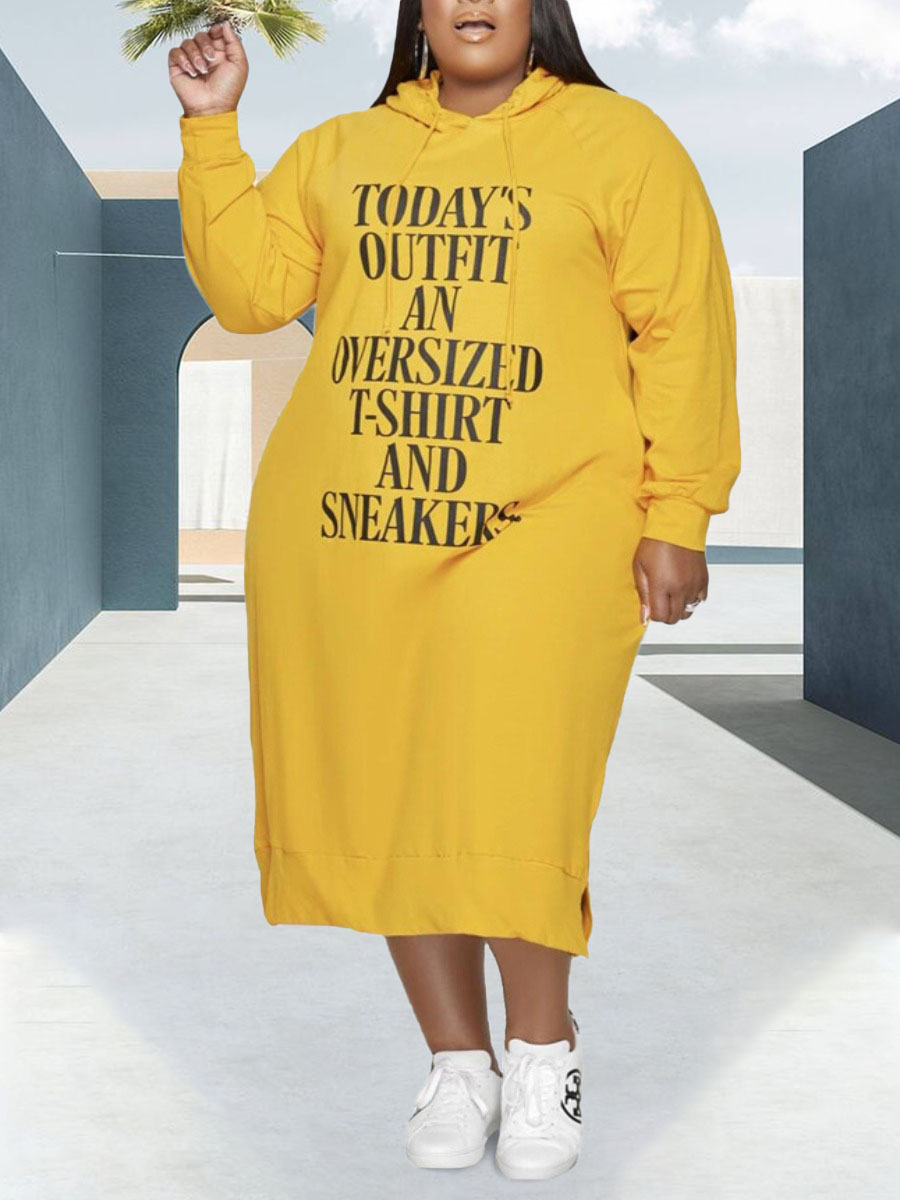 

LW Plus Size Hooded Collar Letter Print Sweat Dress, Yellow