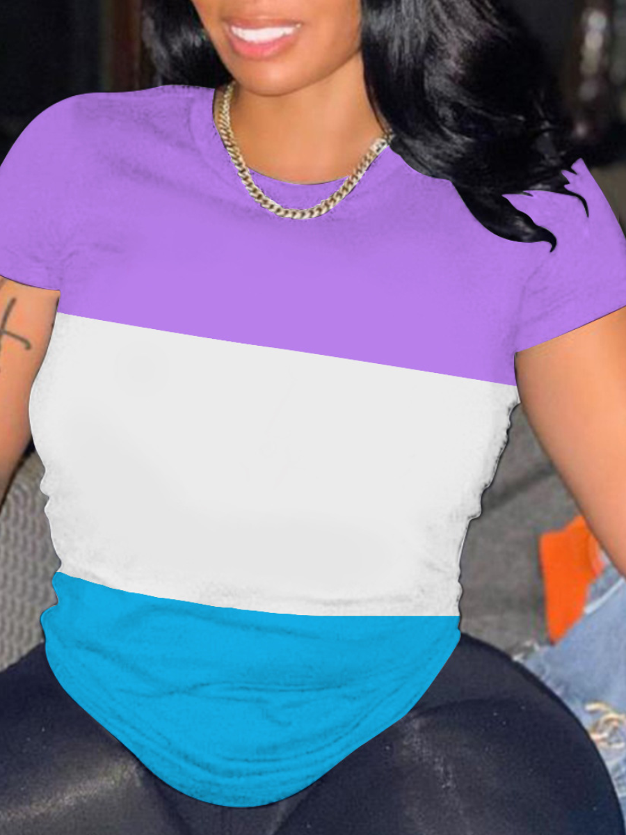 LovelyWholesale Round Neck Patchwork T-shirt Summer Short Sleeve Casual Solid Color Round Neck Spring Summer 2024