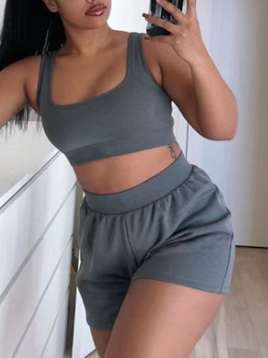 

LW COTTON U Neck Letter Print Shorts Set, Grey