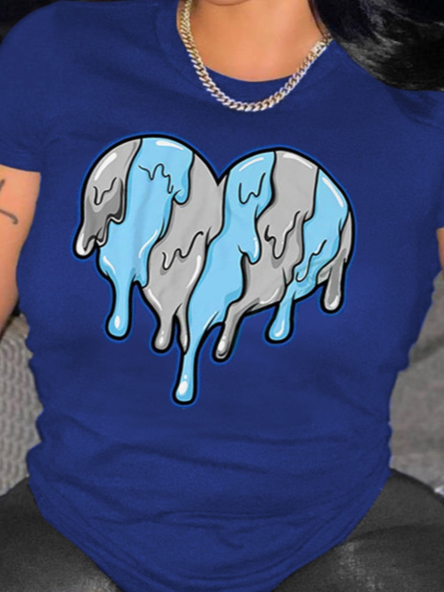 

LW Plus Size Round Neck Heart Print T-shirt, Blue