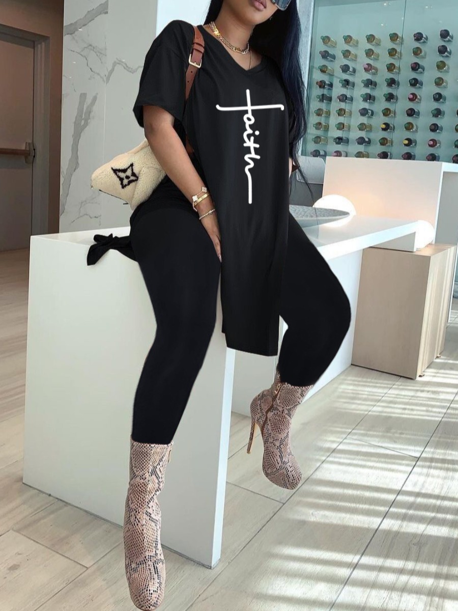 

LW Plus Size Faith Letter Print Split Pants Set, Black