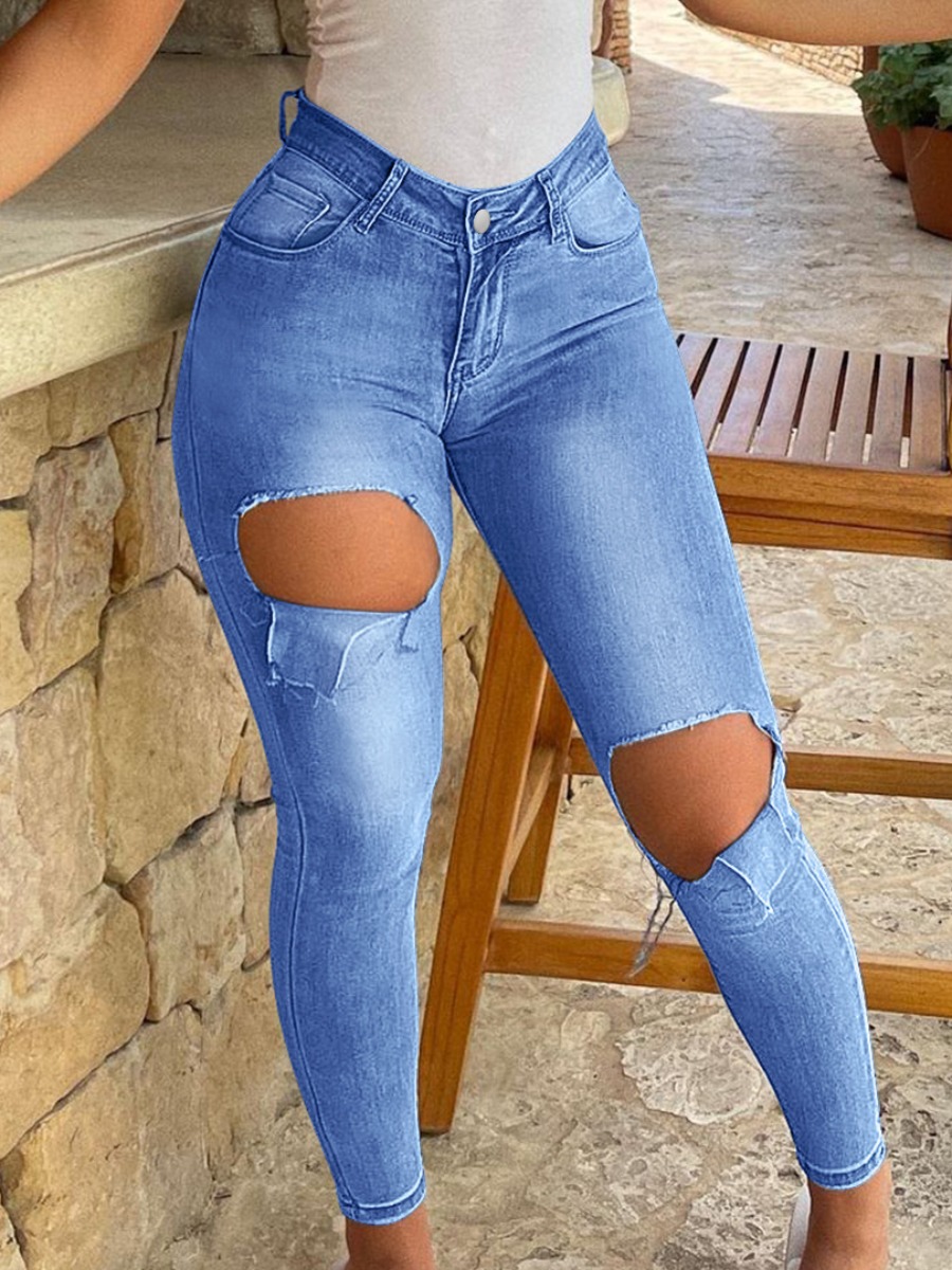 

LW Mid Waist Ripped Jeans, Blue