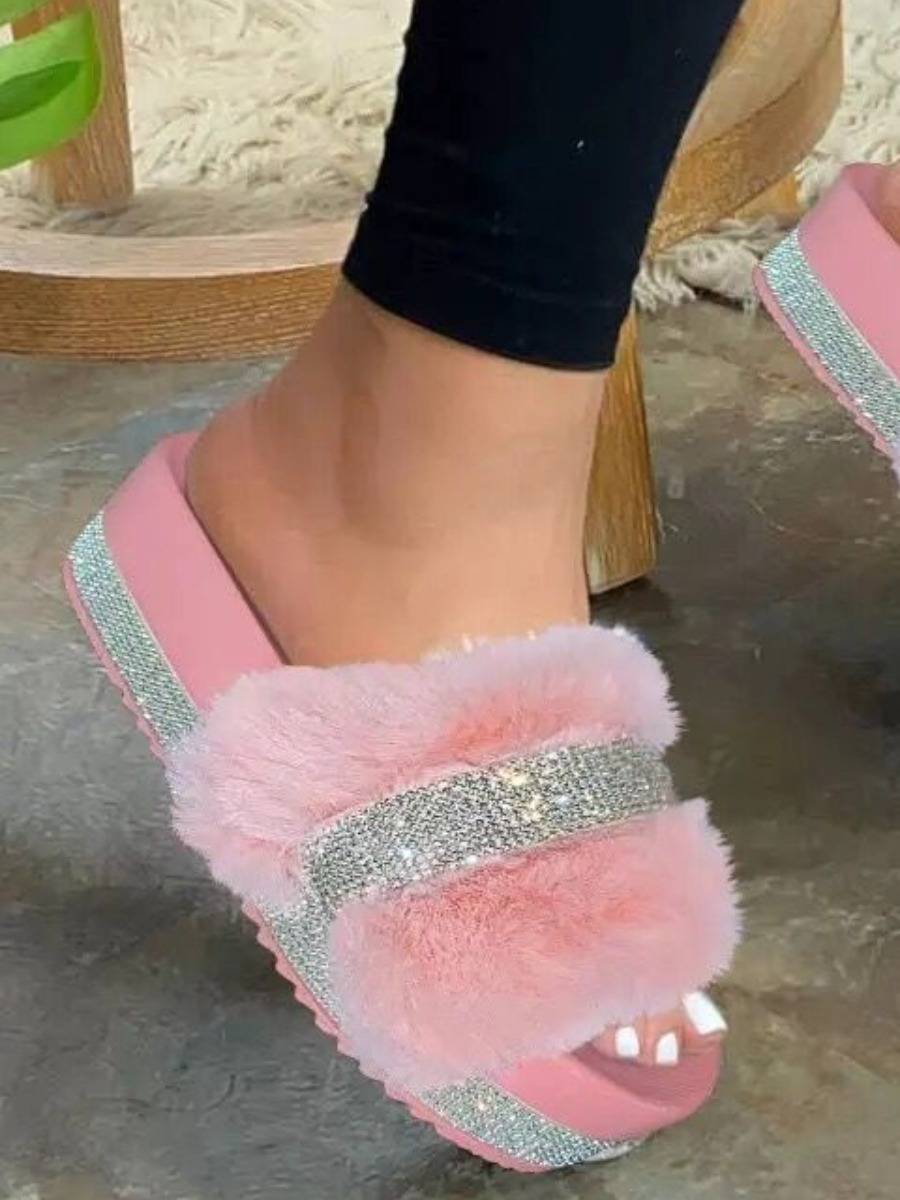 

LW Plush Rhinestone Platform Slides, Pink