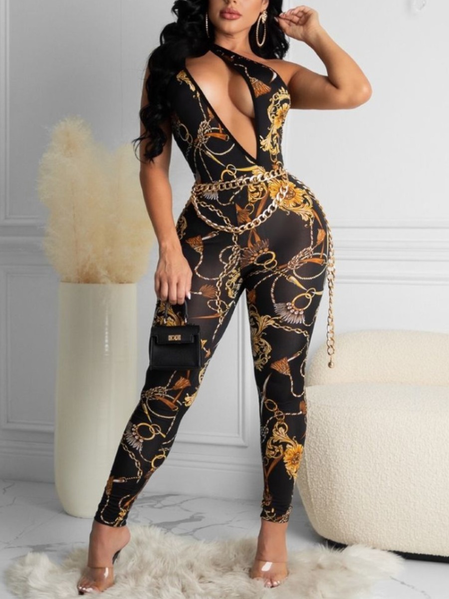 

LW SXY Chain Print Cut Out Jumpsuit, Black