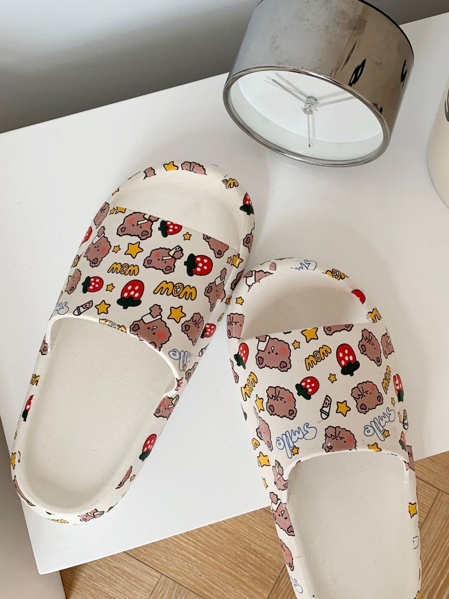 

LW Cartoon Print Yeezy Slides, Off white