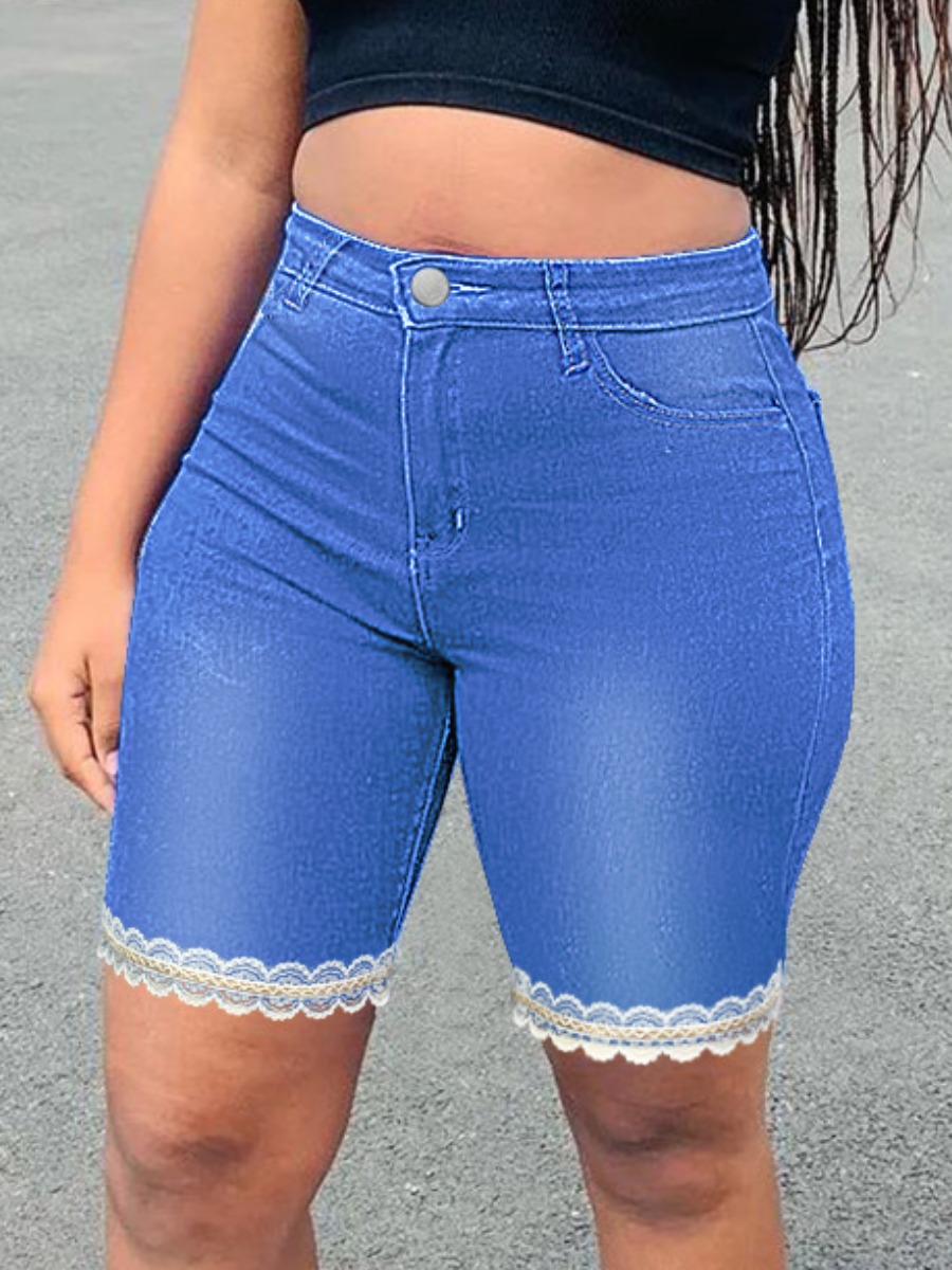 

LW Mid Waist Lace Medium Stretchy Denim Shorts, Blue