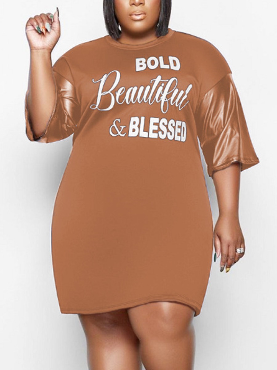 

LW Plus Size Round Neck Letter Print Dress, Light tan