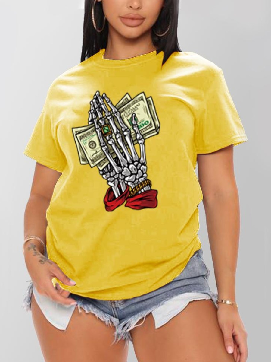 

LW Money Skeleton Print T-shirt, Yellow