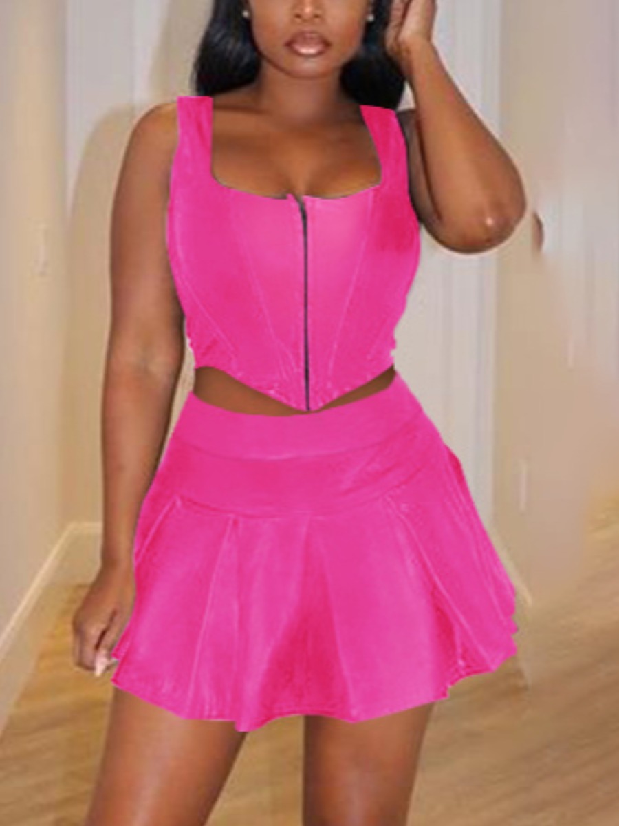 

LW U Neck Flounce Design Skirt Set, Rose red