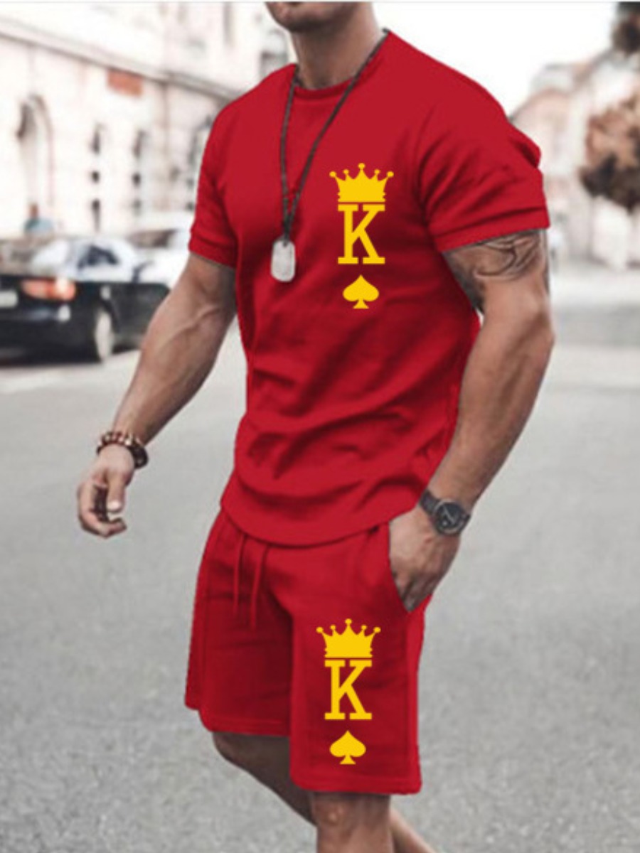LovelyWholesale Men King Letter Print Shorts Set Summer Short Sleeve Casual Letter Print Round Neck Spring Summer 2024