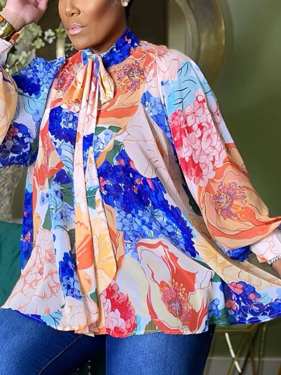 

LW Floral Print Bow-tie Decor Blouse, Deep blue