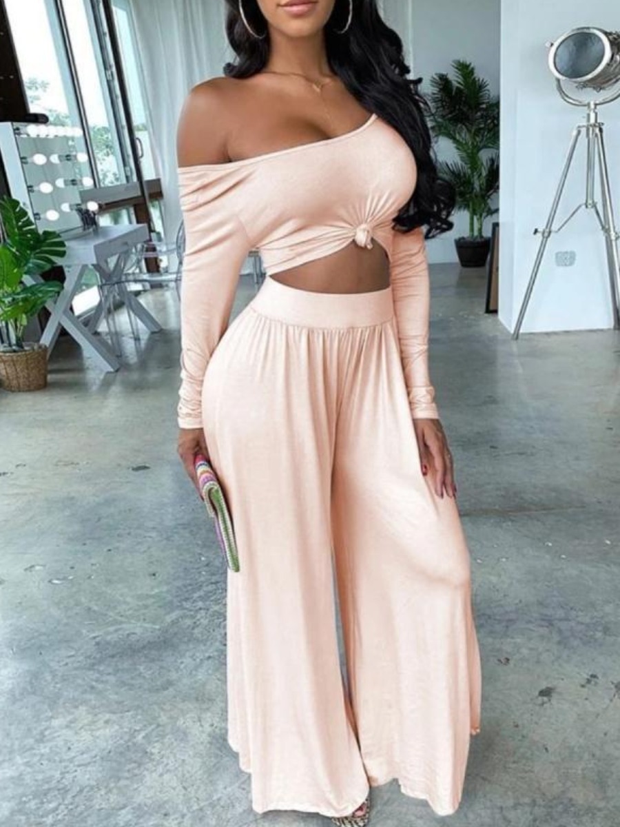 

LW Plus Size Off The Shoulder Stretchy Pants Set, Light pink