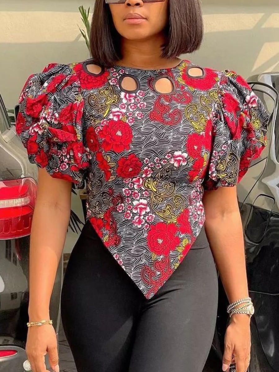 

LW Puff Sleeve Floral Print Blouse, Red