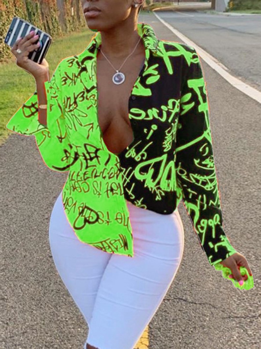 

LW Graffiti Letter Print Shirt, Green