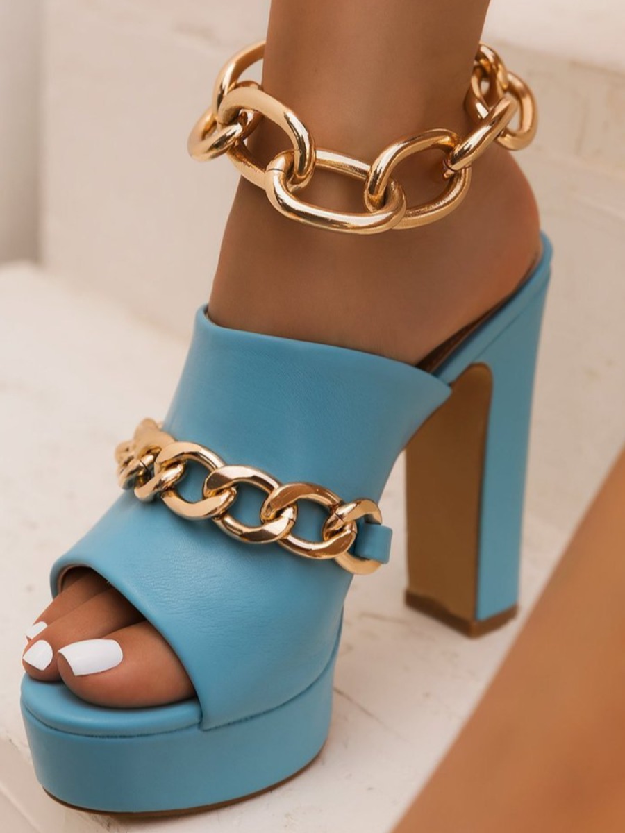 

LW Round Toe Chain Decor Platform Heels, Skyblue