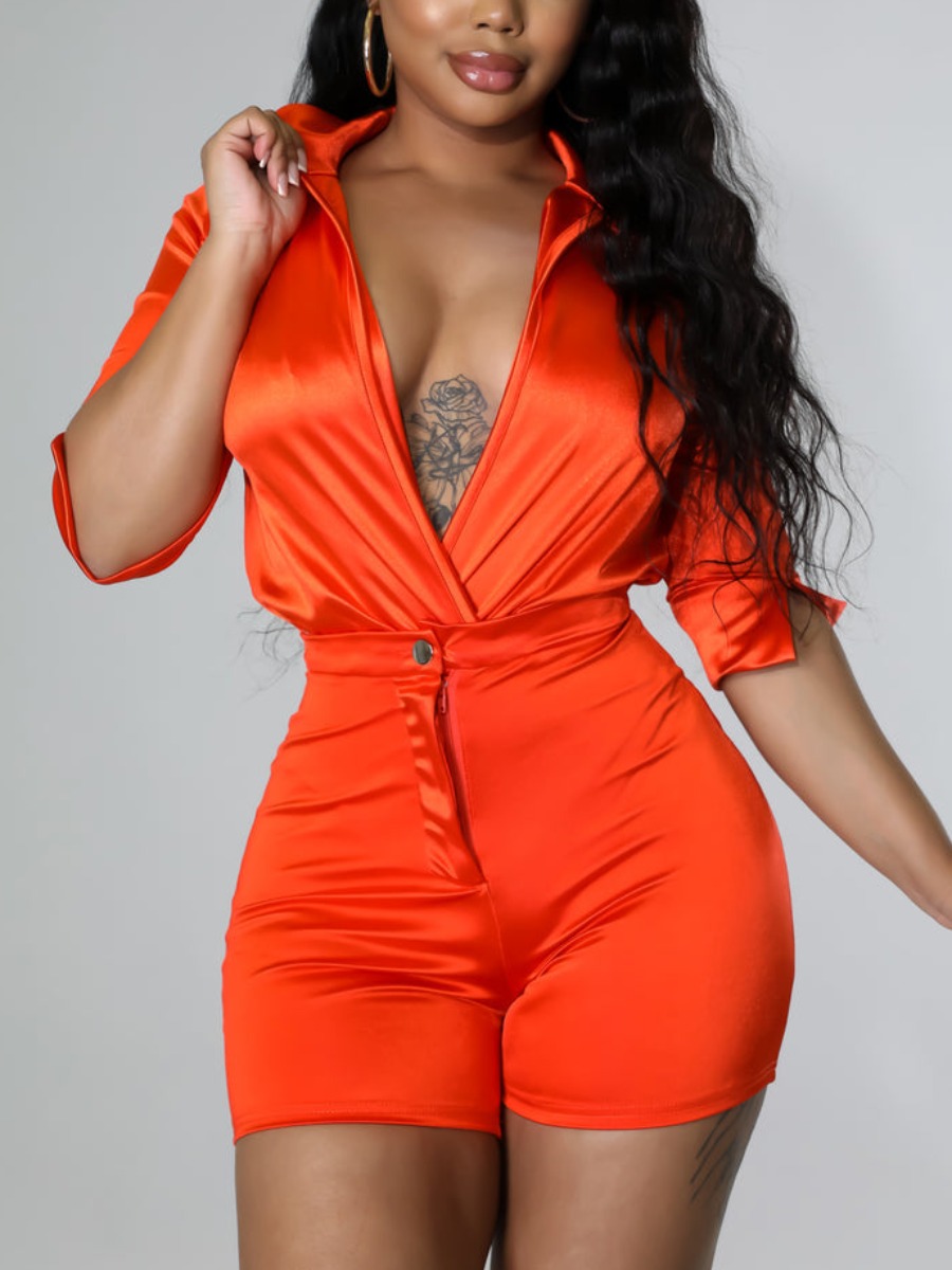 

LW Turndown Collar Button Design Shorts Set, Orange red