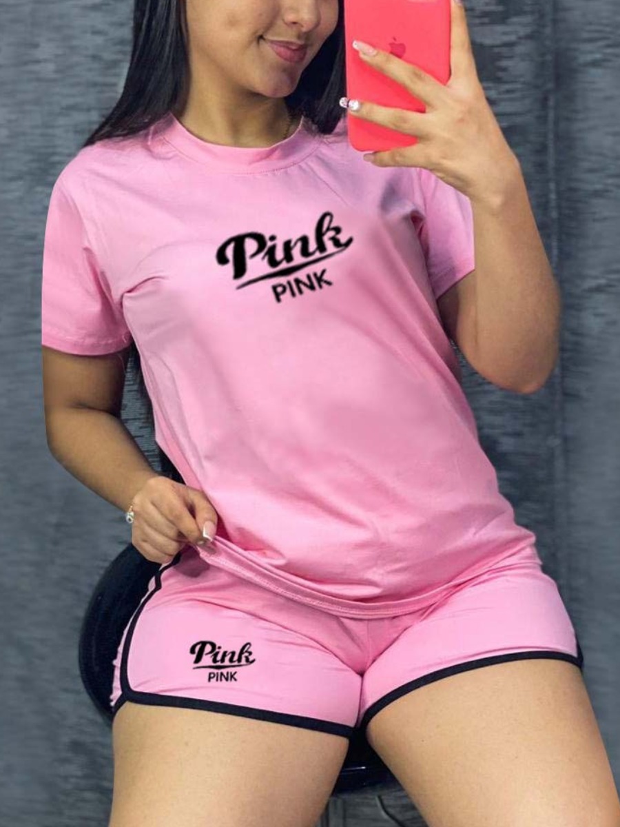 

LW Pink Letter Print Shorts Set, Light pink