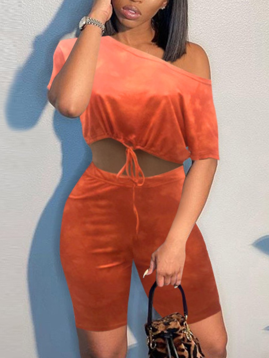 

LW Boat Neck Drawstring Shorts Set, Orange red