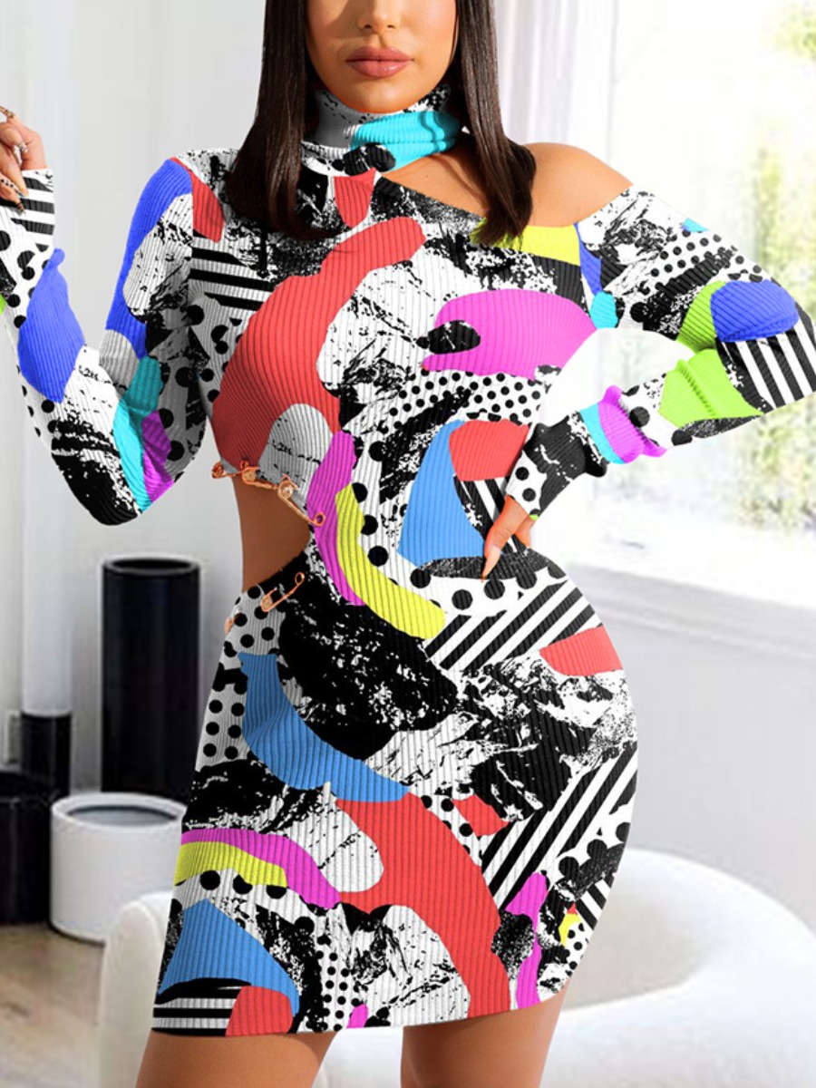 

LW Mixed Print Cut Out Rib-Knit Dress, Multi