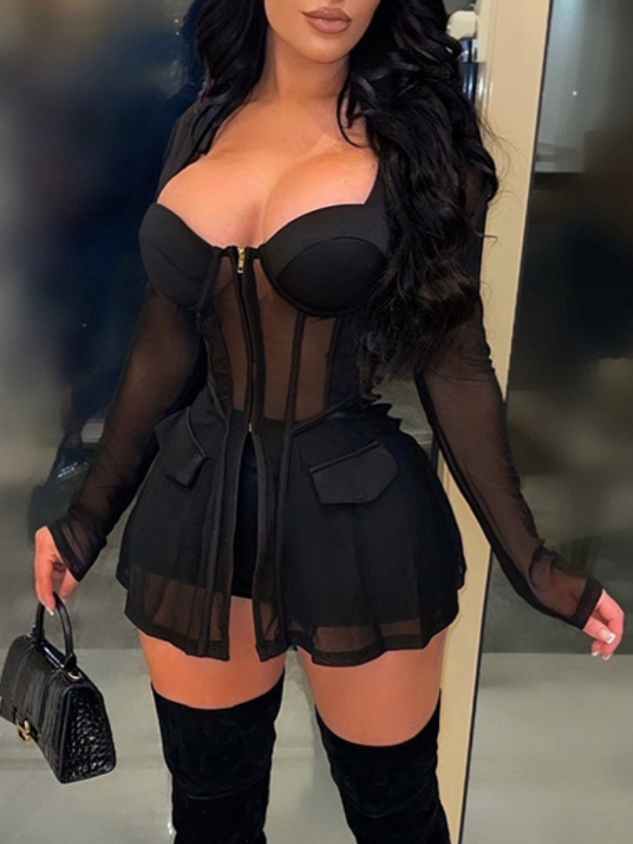LovelyWholesale SXY Zipper Design See-through Shorts Set Spring Long Sleeve Sxy Strapless Spring Summer 2024