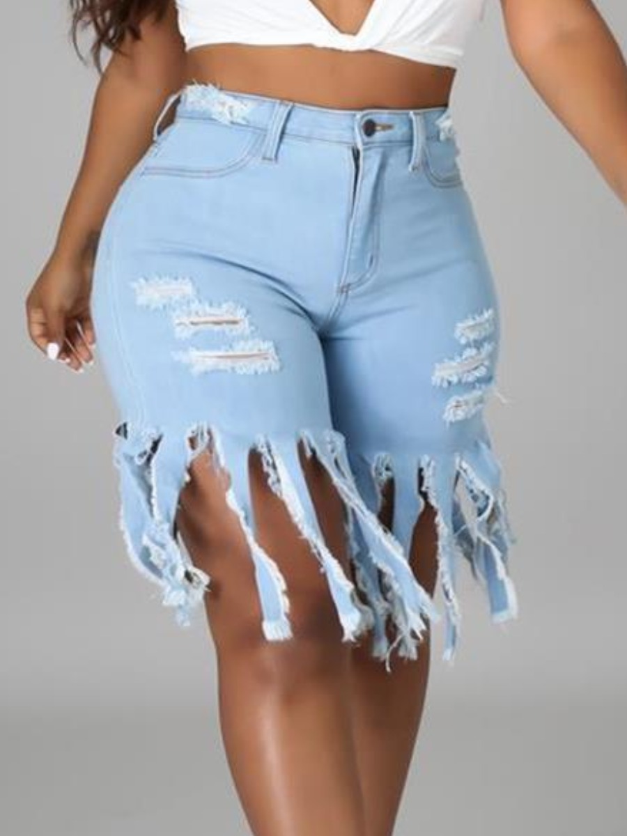 

LW Tassel Design Ripped Denim Shorts, Baby blue