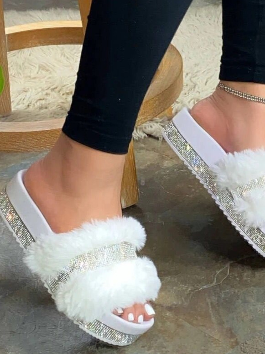 LW Plush Rhinestone Platform Slides