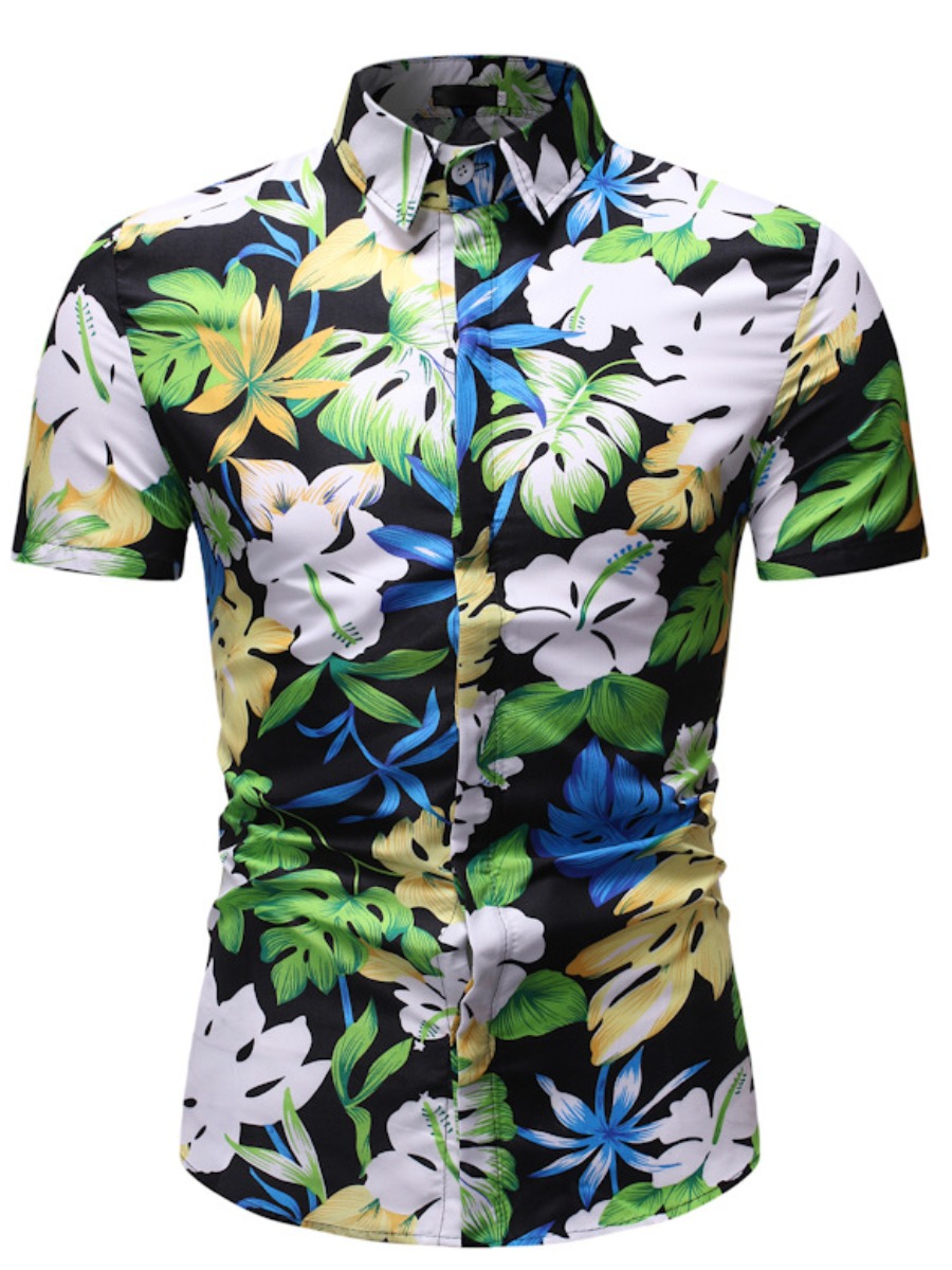 LW Men Floral Print Patchwork Shirt, Green