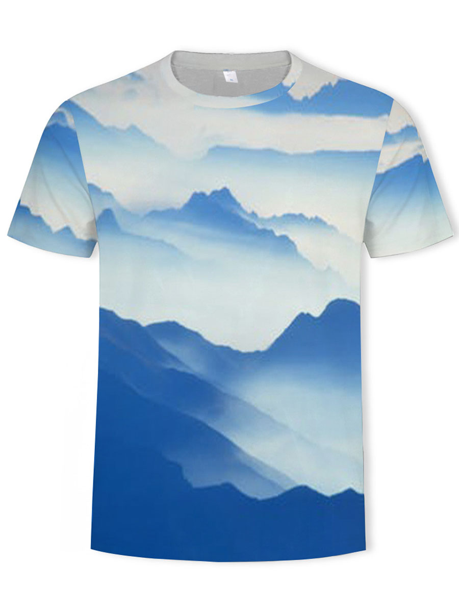 

LW Men Round Neck Landscape Print T-shirt, Baby blue