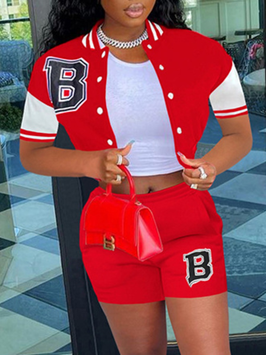 LovelyWholesale Letter Print Striped Shorts Set Summer Short Sleeve Street Patchwork Baseball Collar Spring Summer 2024
