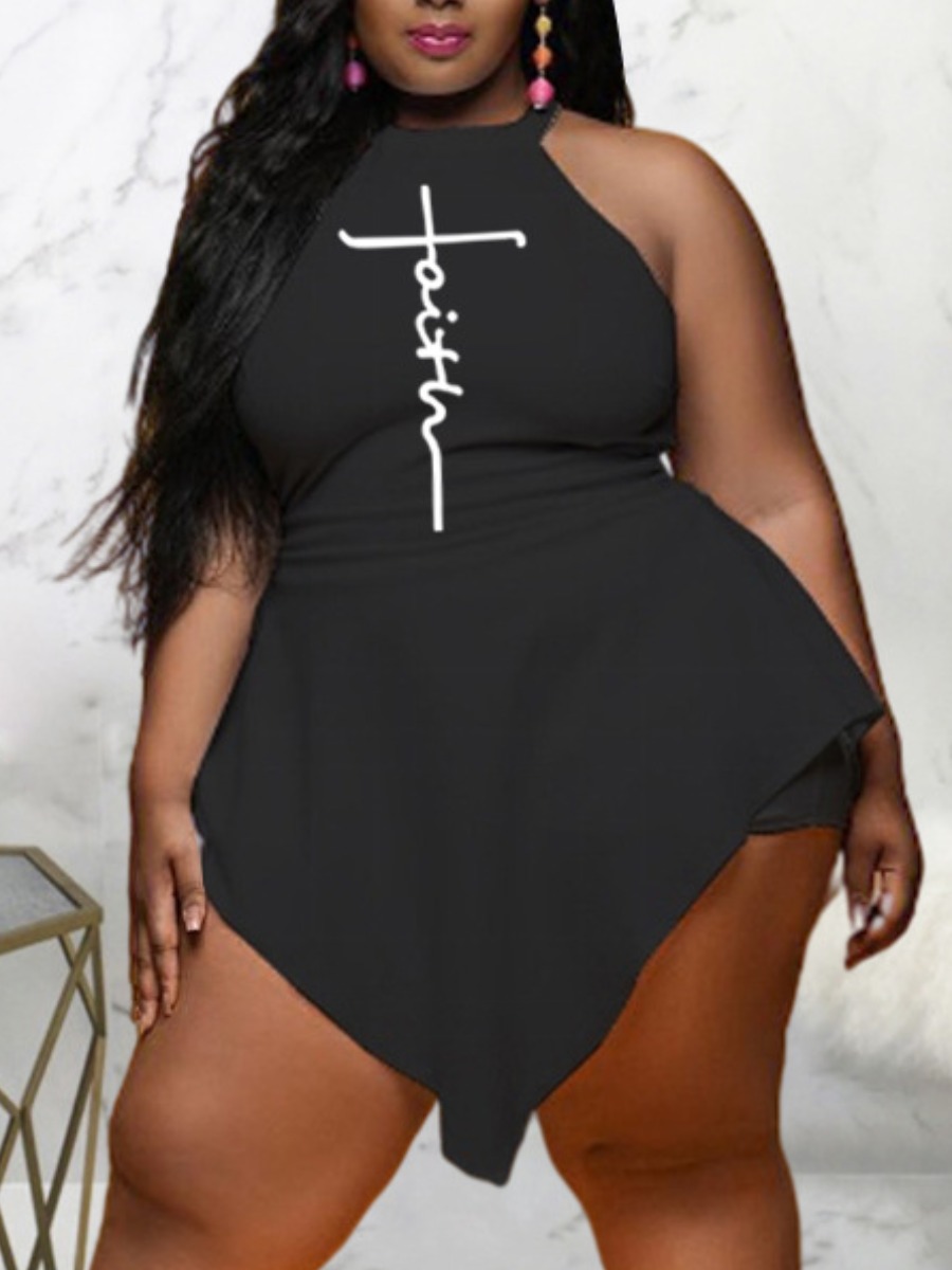 

LW Plus Size Letter Print Overlay Skirt Romper, Black