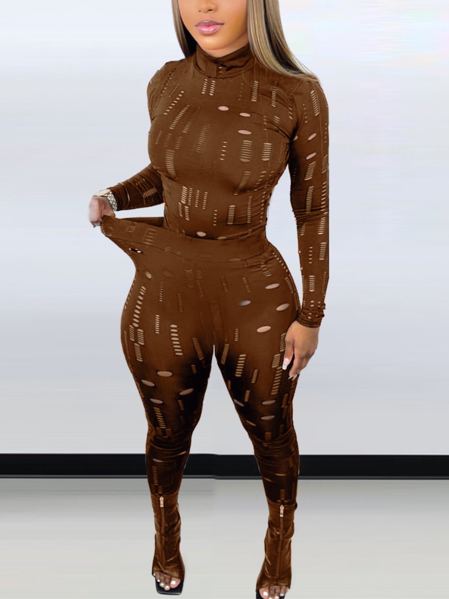 

LW SXY Ripped Stretchy Cut Out Pants Set, Brown