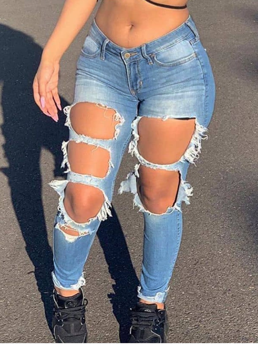 

LW Mid Waist Ripped Small Stretchy Jeans, Blue