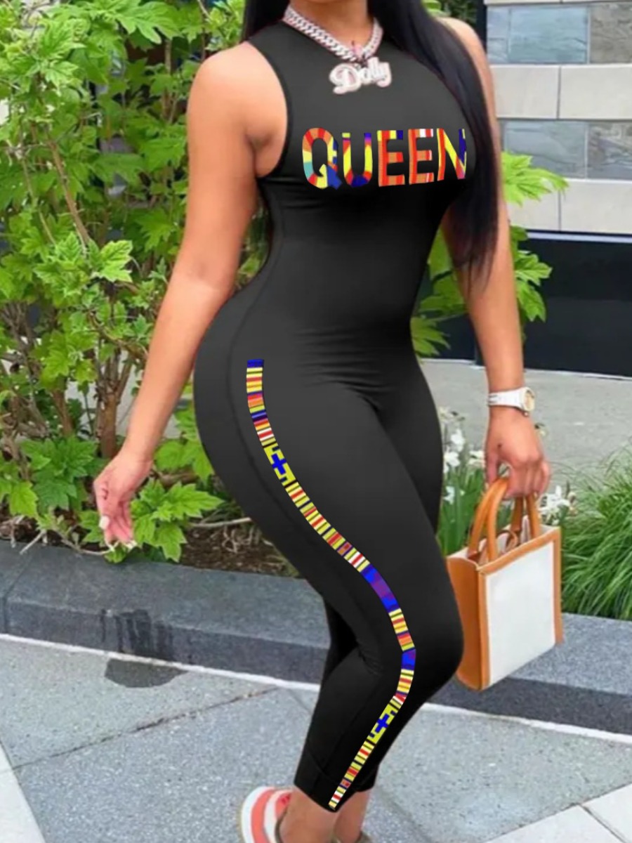 

LW Polyester Queen Letter Skinny Jumpsuit, Black