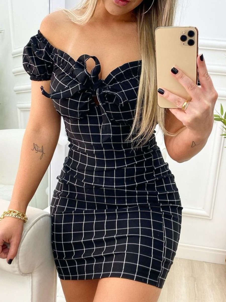 

LW Off The Shoulder Plaid Print Dress, Black
