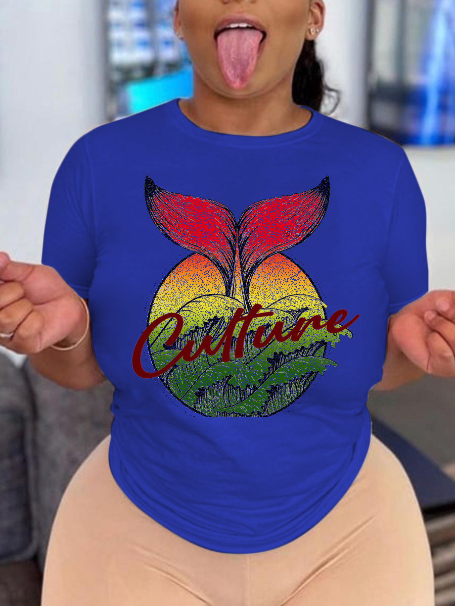 

LW Plus Size Fruit Letter Print T-shirt, Royalblue