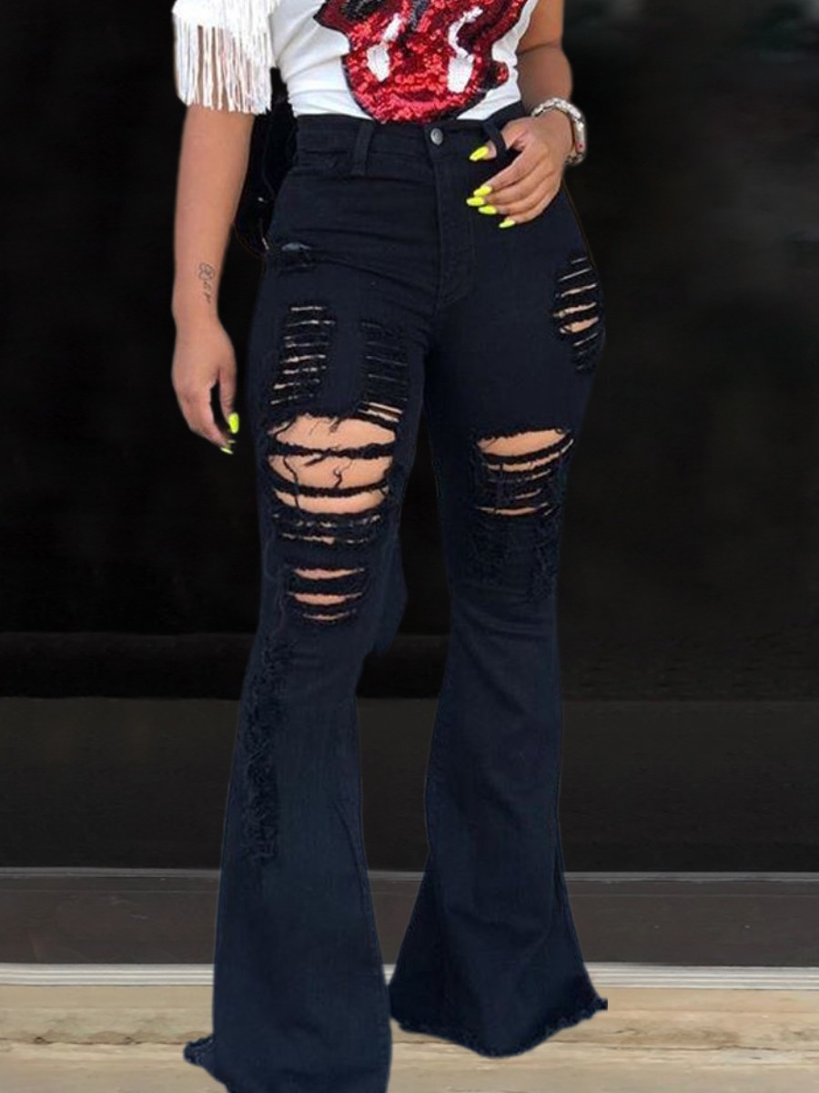 

LW High-waisted Ripped Flared Jeans, Black