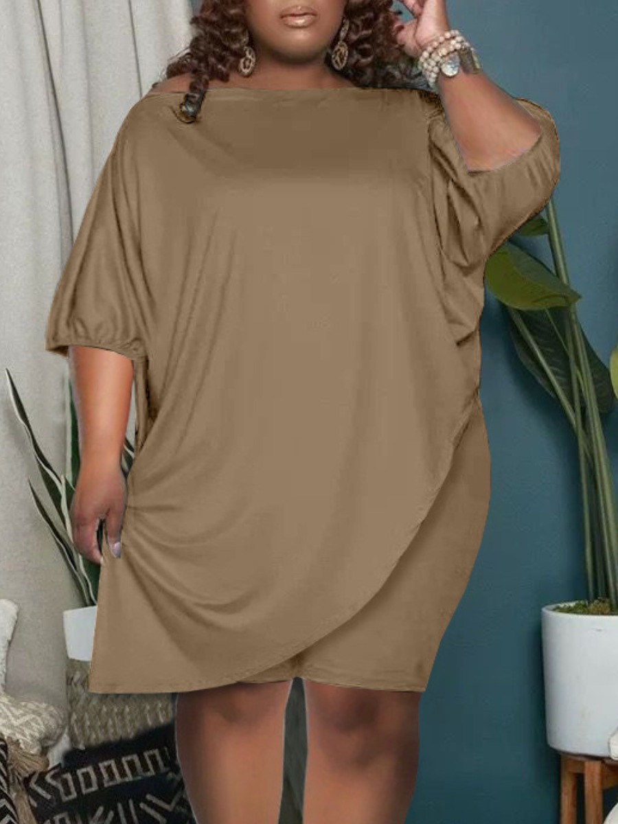 

LW Plus Size Boat Neck Loose Stretchy Shorts Set, Khaki