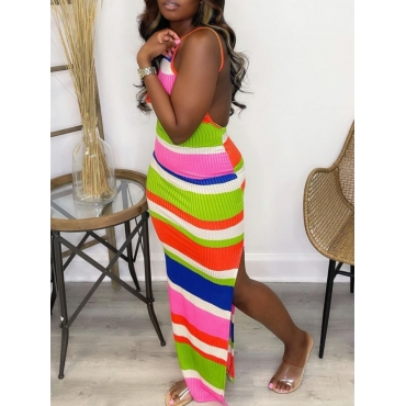 

LW Plus Size Backless Striped Slit Dress, Green