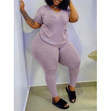 

LW BASICS Plus Size V Neck Elastic Two-piece Pants Set, Light purple