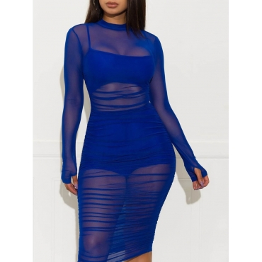 

LW O Neck Ruffle Design Dress(With Lining), Blue
