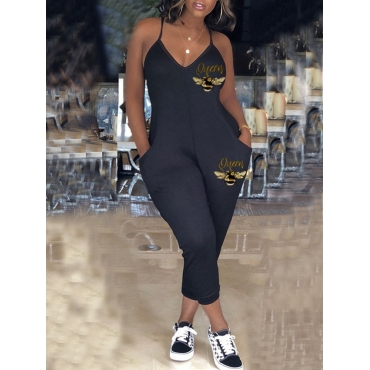 

LW Plus Size Bee Letter Print Cami Jumpsuit, Black