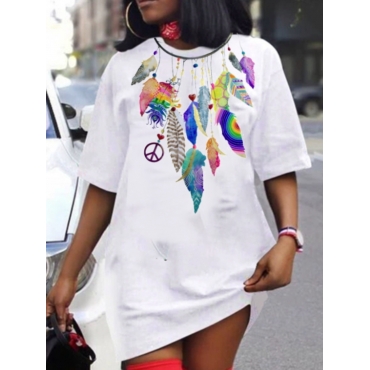 

LW Plus Size Music Festival Round Neck Mixed Print Dress, White