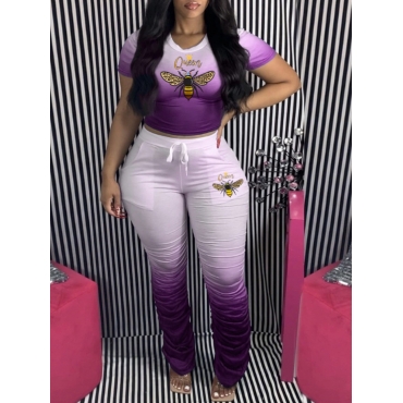 

LW Plus Size Gradient Bee Print Ruched Pants Set, Purple