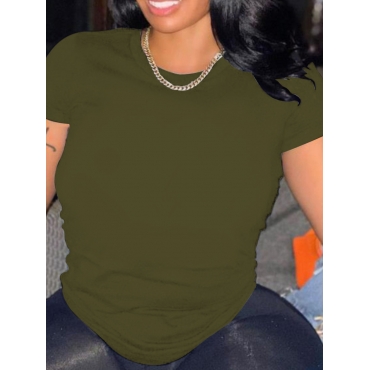 

LW Round Neck Solid Color Basic T-shirt, Army green